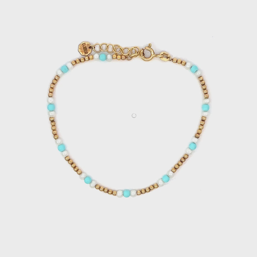 14k Gold Bracelet Fant with Pearl &amp; Turquoise – Adjustable Charm