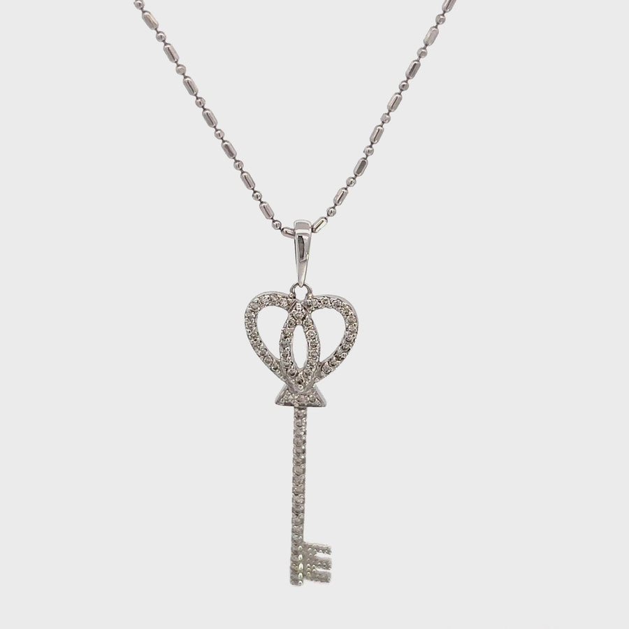 14k White Gold Key Pendant Necklace with Diamond