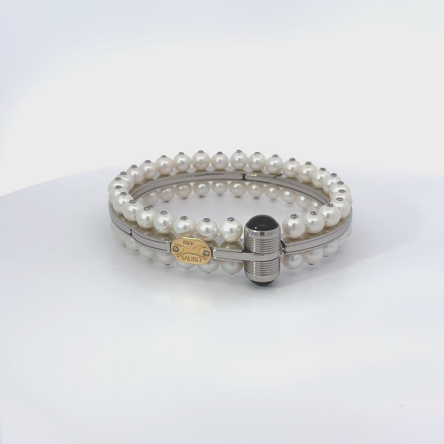 18k Gold Men’s Bracelet with Pearl and 0.02 CT Diamond – 6 cm