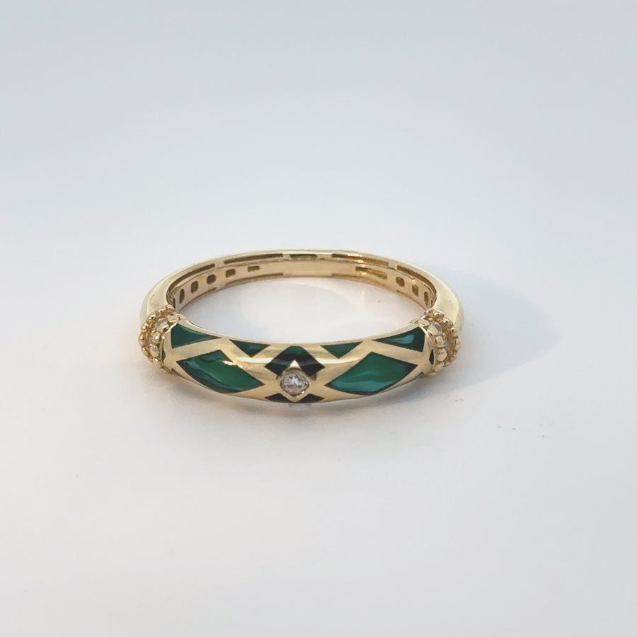 14k Gold Ring with Green Enamel and CZ for Women