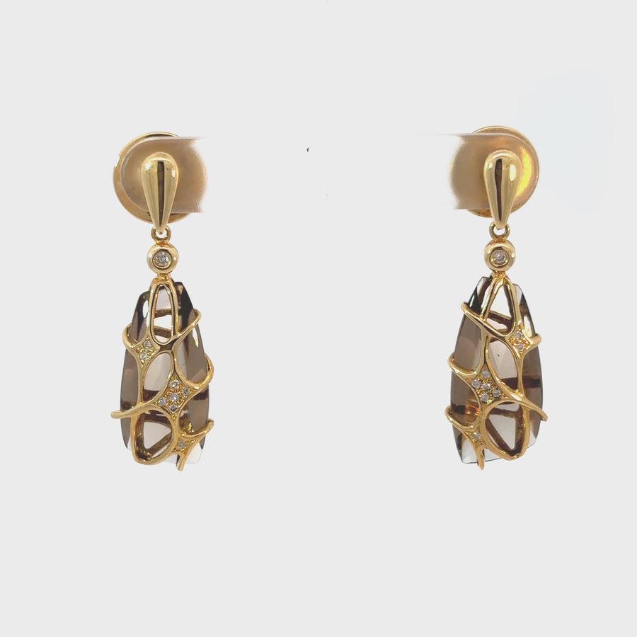 Yellow Gold Earrings with Smoky Quartz and Diamonds – 18k Gold