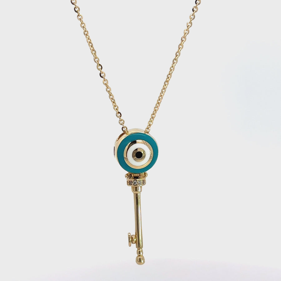 14k Gold Key Eye Necklace with Turquoise Enamel, Adjustable 19 to 20 Inches