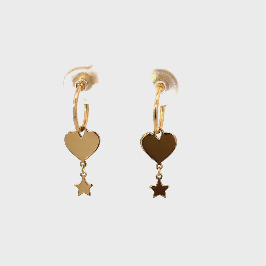 14k Gold XS Hoop Earrings with Solid Heart & Star