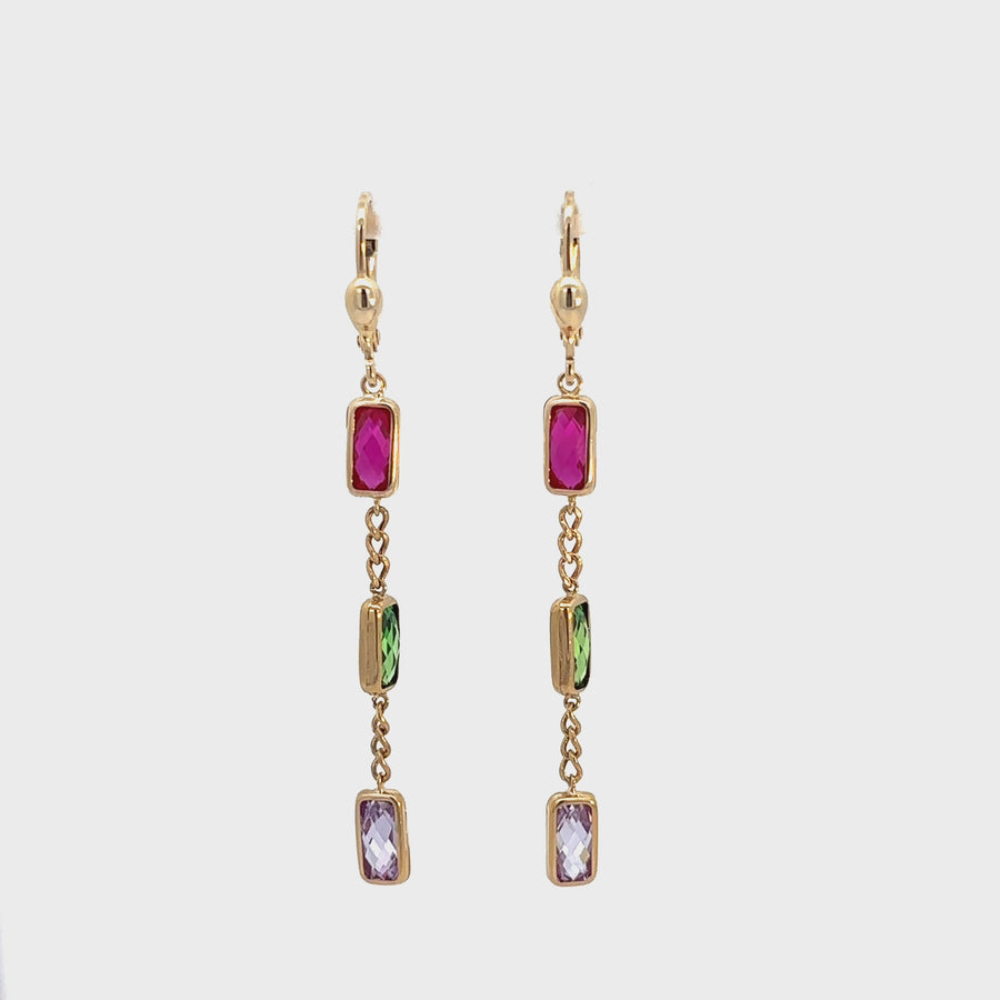 14k Gold Earrings with Multi-Colored 3-Stone Crystal for Women