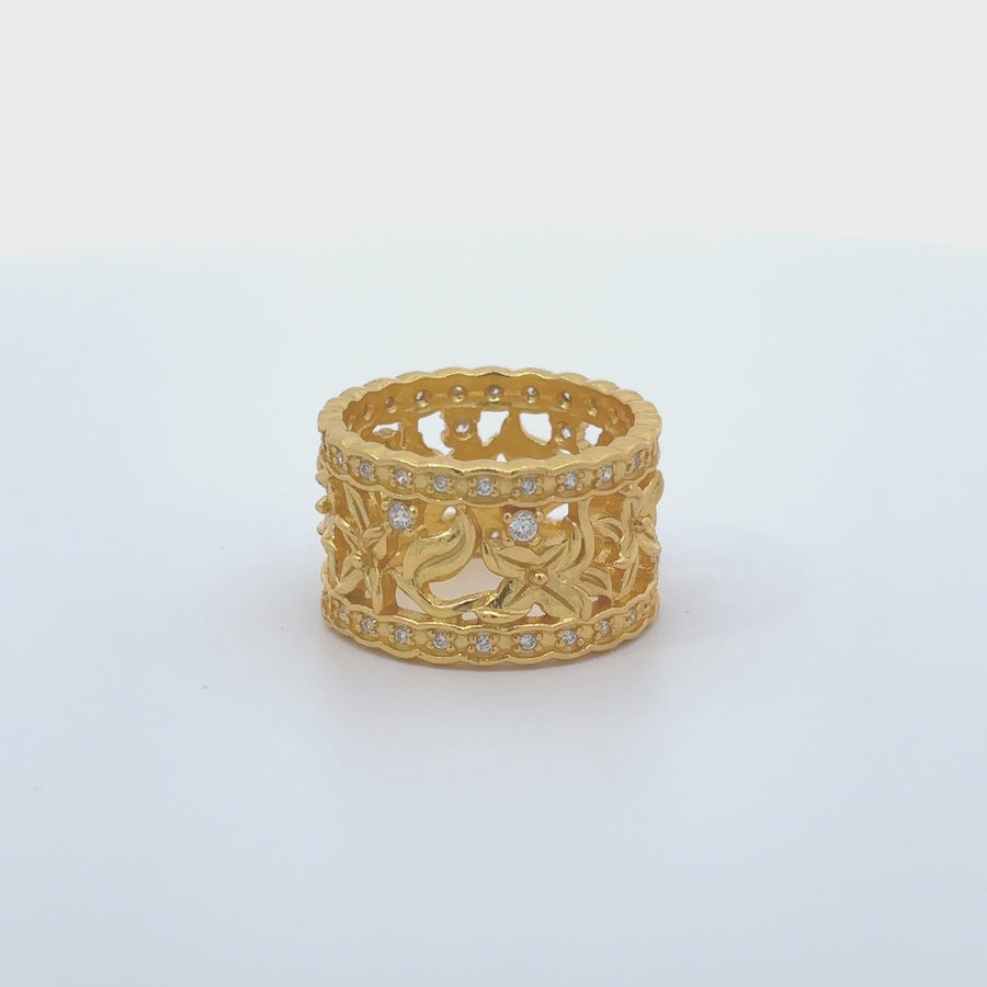 Yellow Gold Flower &amp; Leaf Ring for Women – Size 7.5