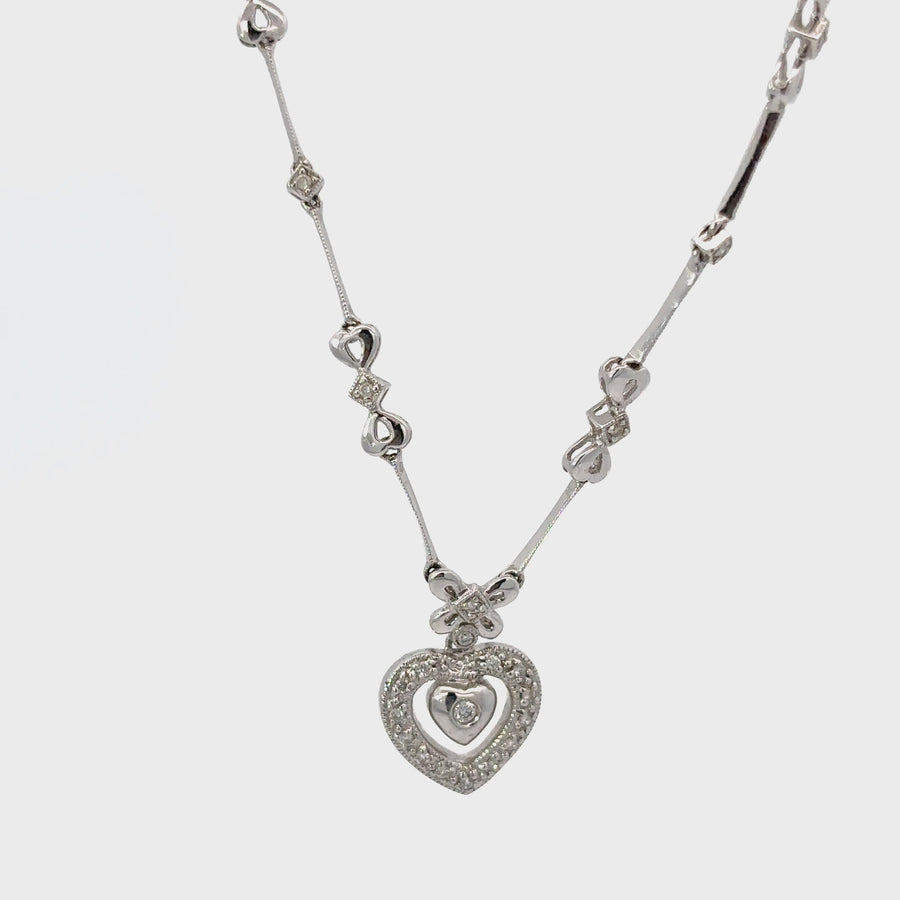 14k White Gold Necklace with Heart & Bow Accents