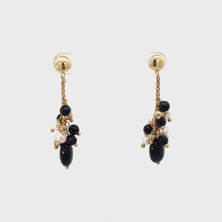 14k Gold Earrings with Pearl and Black Stones for Women