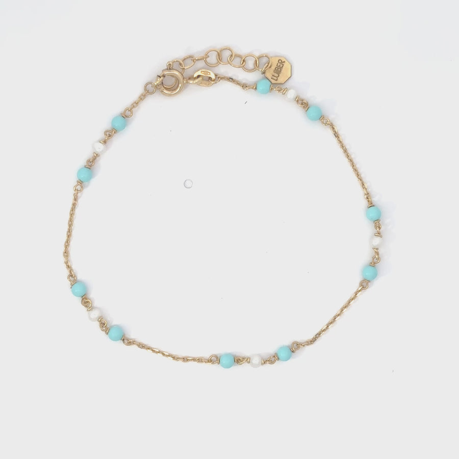 14k Gold Bracelet with XS Pearls, Turquoise, and Gold Ball Accents – Adjustable Women's Jewelry