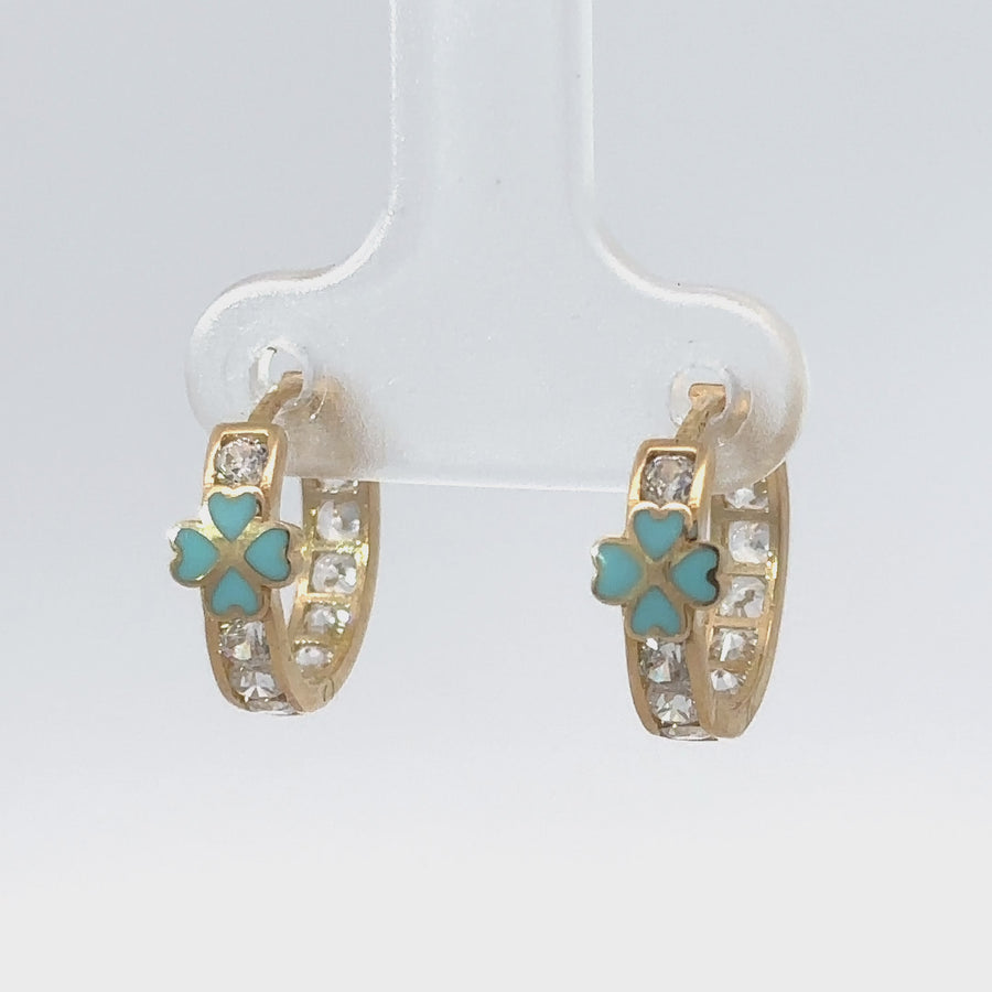 14k Gold Huggie Earrings with Blue Flower and CZ for Women and Babies