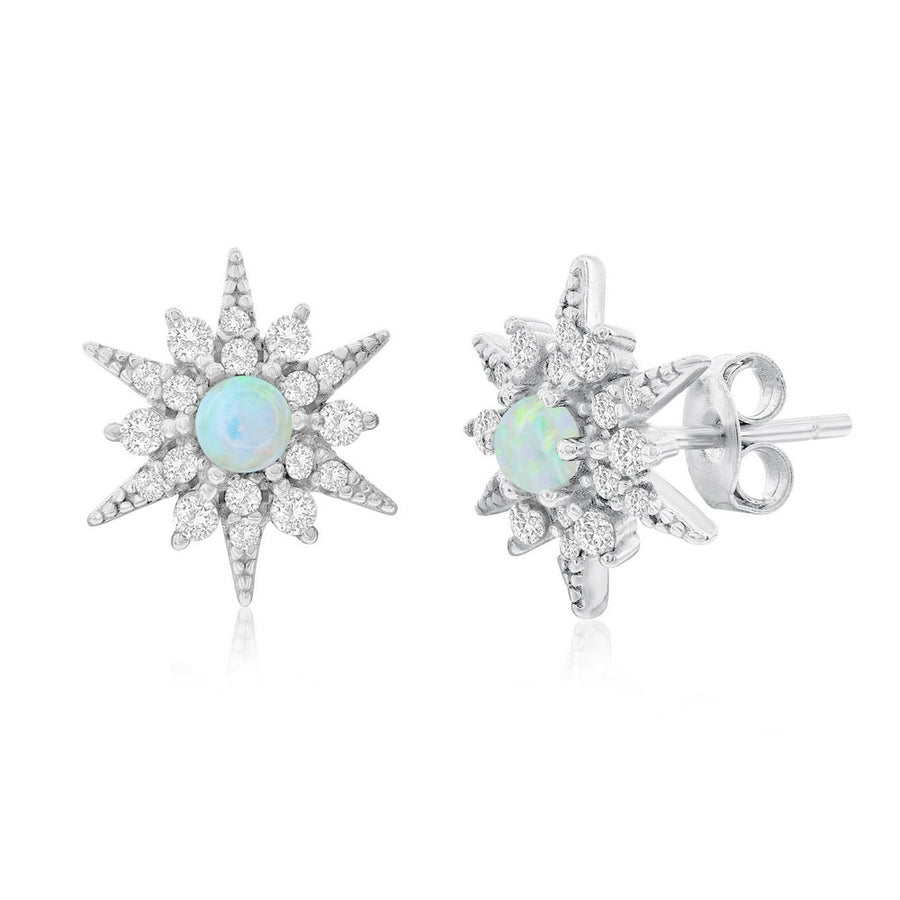 Sterling silver sunburst earrings with white opal center