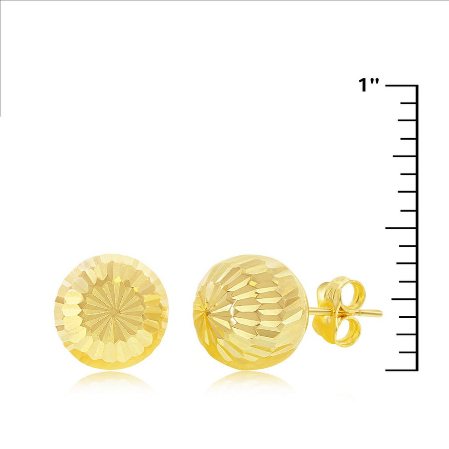 Yellow Gold Lined & Diamond-Cut 10mm Bead Studs - 14K Gold