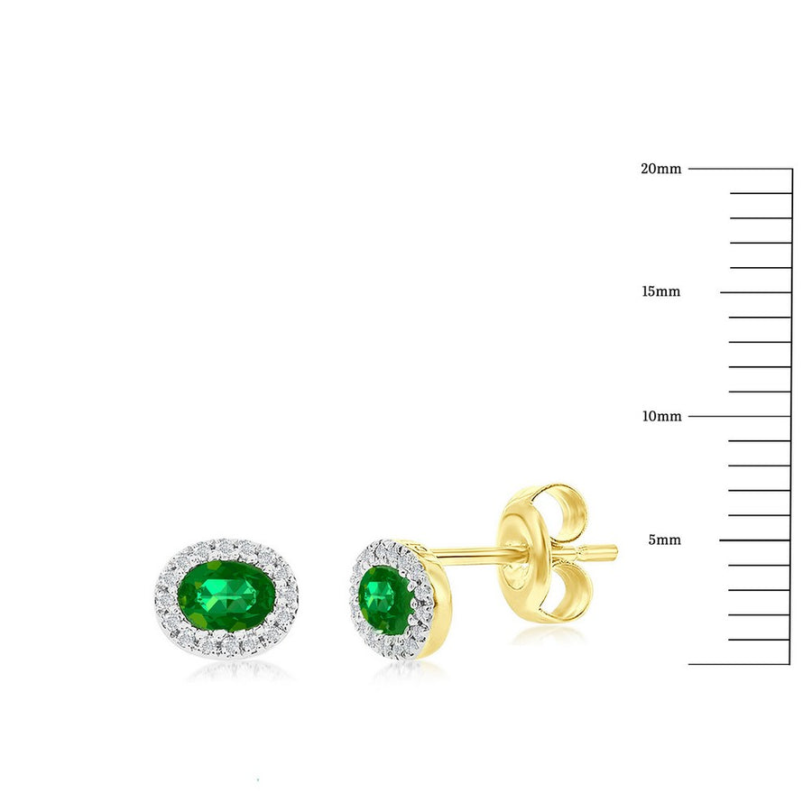 14K Yellow Gold, 4x3mm Oval Emerald (0.35ct) & Diamond Studs - (32 Stones)