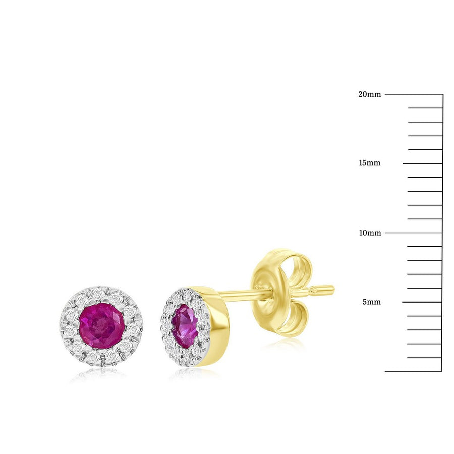 14K Yellow Gold, 3mm Round Ruby (0.32ct) & Diamond Studs - (22 Stones)