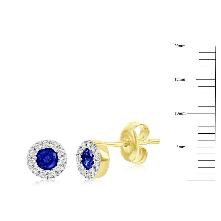 14K Yellow Gold, 3mm Round Sapphire (0.32ct) & Diamond Studs - (22 Stones)