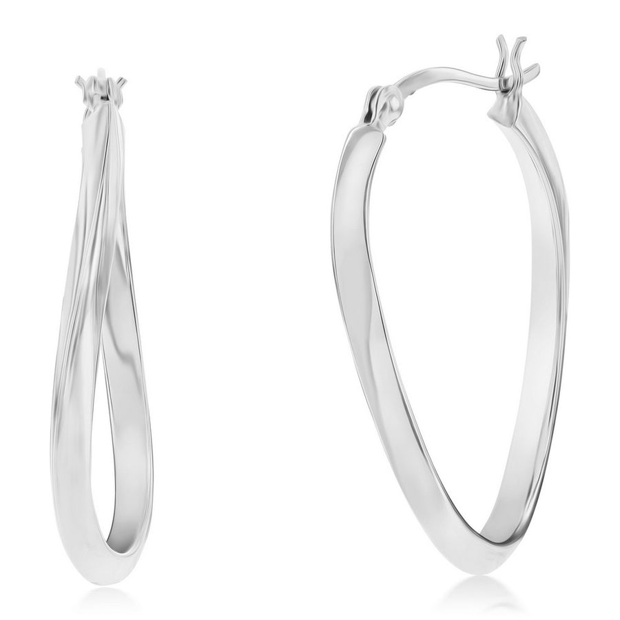 Sterling Silver 35mm Oval Twist Hoop Earrings - Rhodium Plated