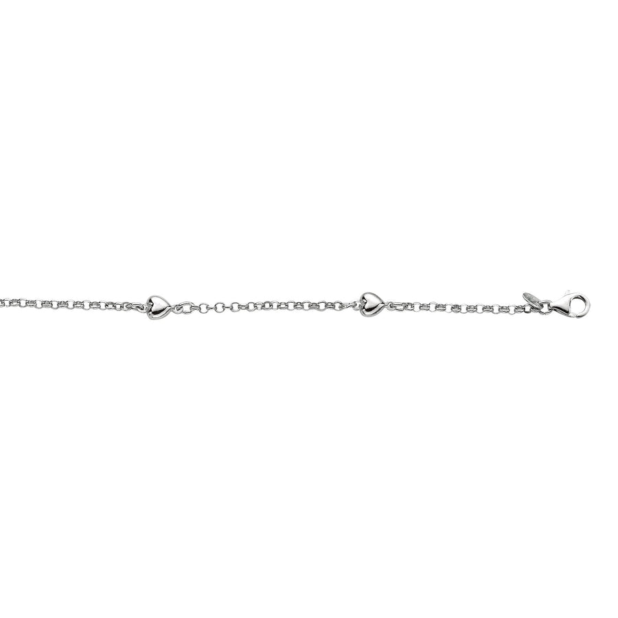 Silver 6 inches with Rhodium Finish Shiny Rolo Chain+Station Puff Heart Children Bracelet with Pear Shape Clasp