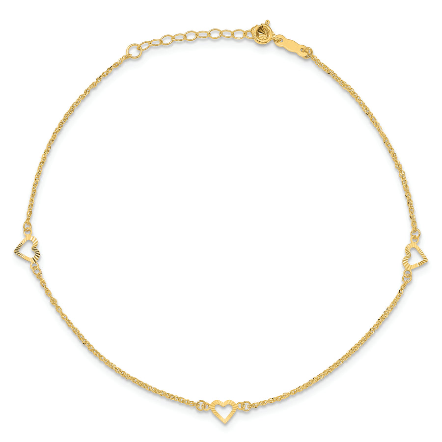 14k Diamond-cut Hearts 9in Plus 1in ext Anklet