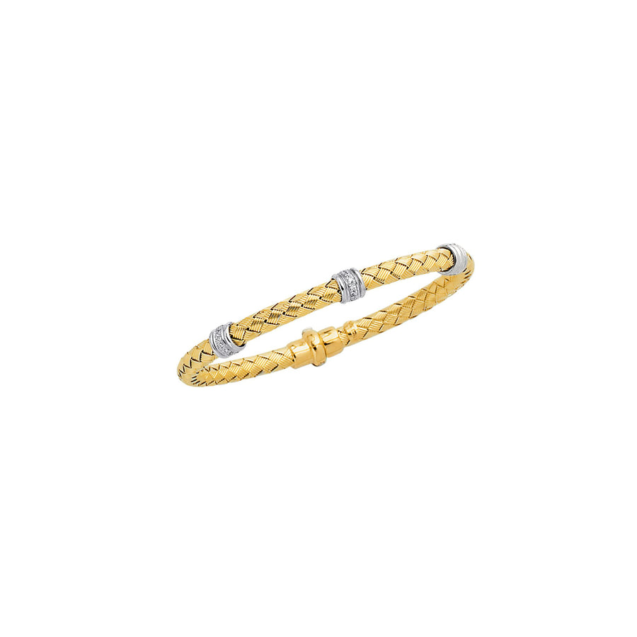 14kt 7.25 inches Yellow+White Gold Round Basket Weaved Bangle with Magnetic Clasp+Barre l with 0.24ct White Diamond