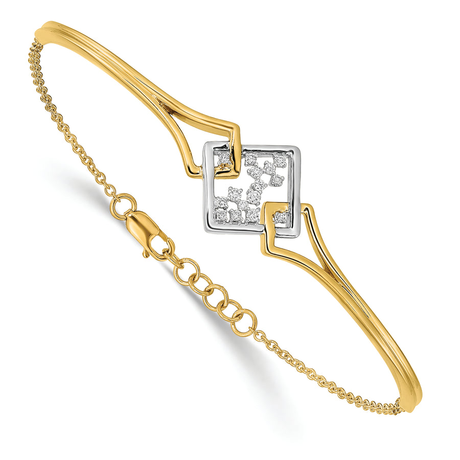 14k Two-tone Fancy Square Diamond Bar 7in w/.5in ext Bracelet