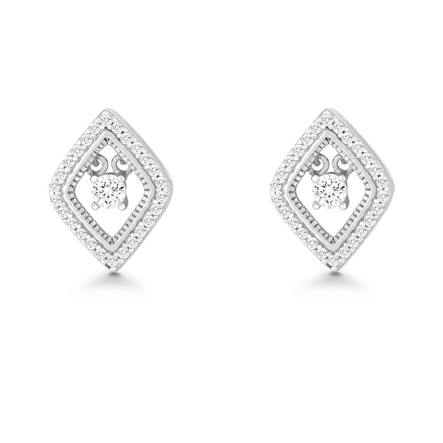 Sterling Silver Micro Pave with Center Dancing/Shimmering CZ Diamond Shaped Earrings