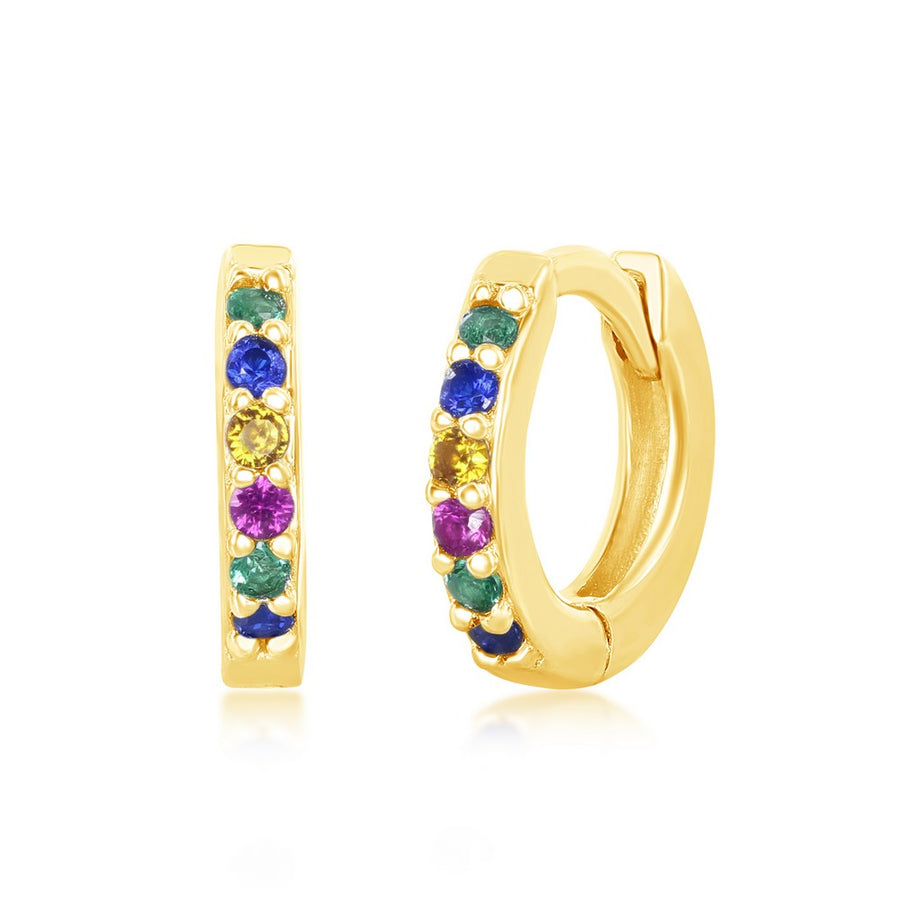 Sterling Silver Rainbow CZ Small Huggie Hoop Earrings - Gold Plated