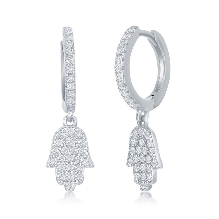 Sterling Silver Small Huggie Hoop Hamsa CZ Earrings