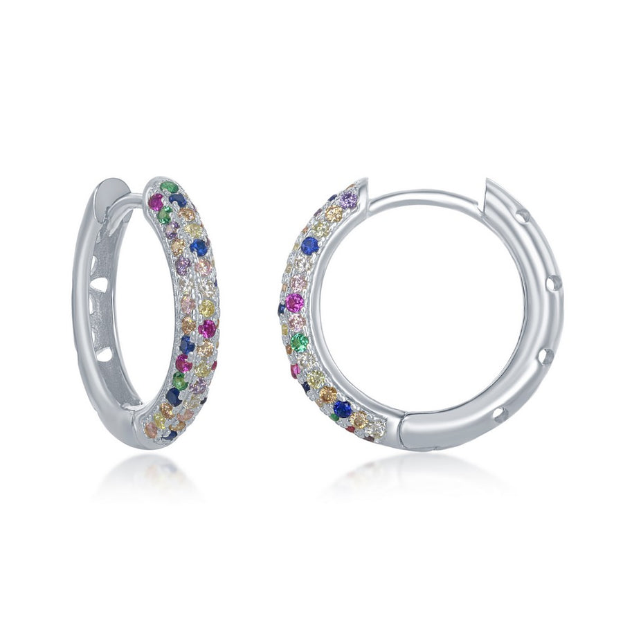 Sterling Silver Rainbow CZ 3x19mm Huggie Hoop Earrings