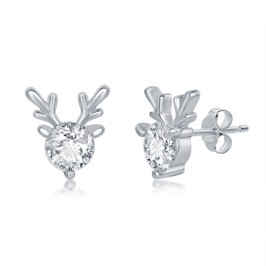 Sterling Silver Round CZ with Deer Antlers Earrings