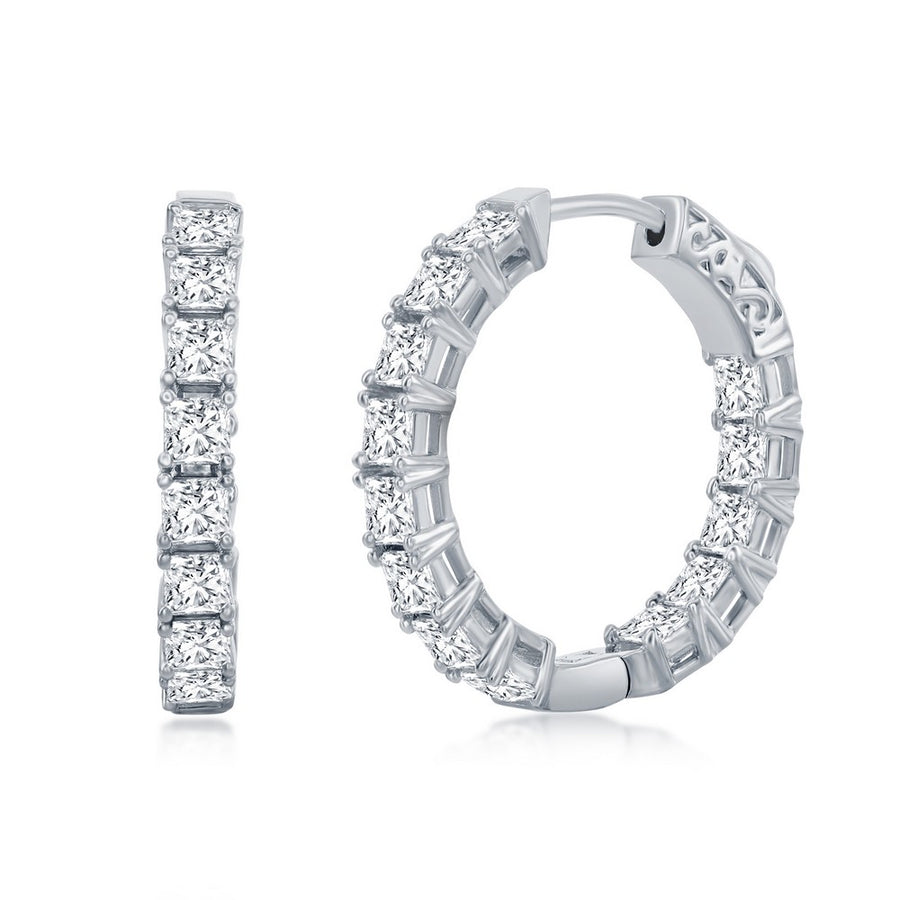 Sterling Silver, 3x25mm Square CZ, Inside-Outside Hoop Earrings