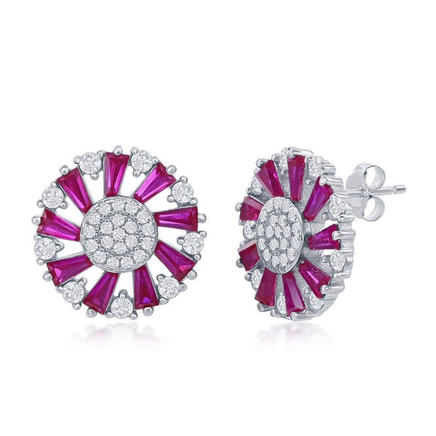 Sterling Silver Baguette CZ Circle Earrings- Ruby