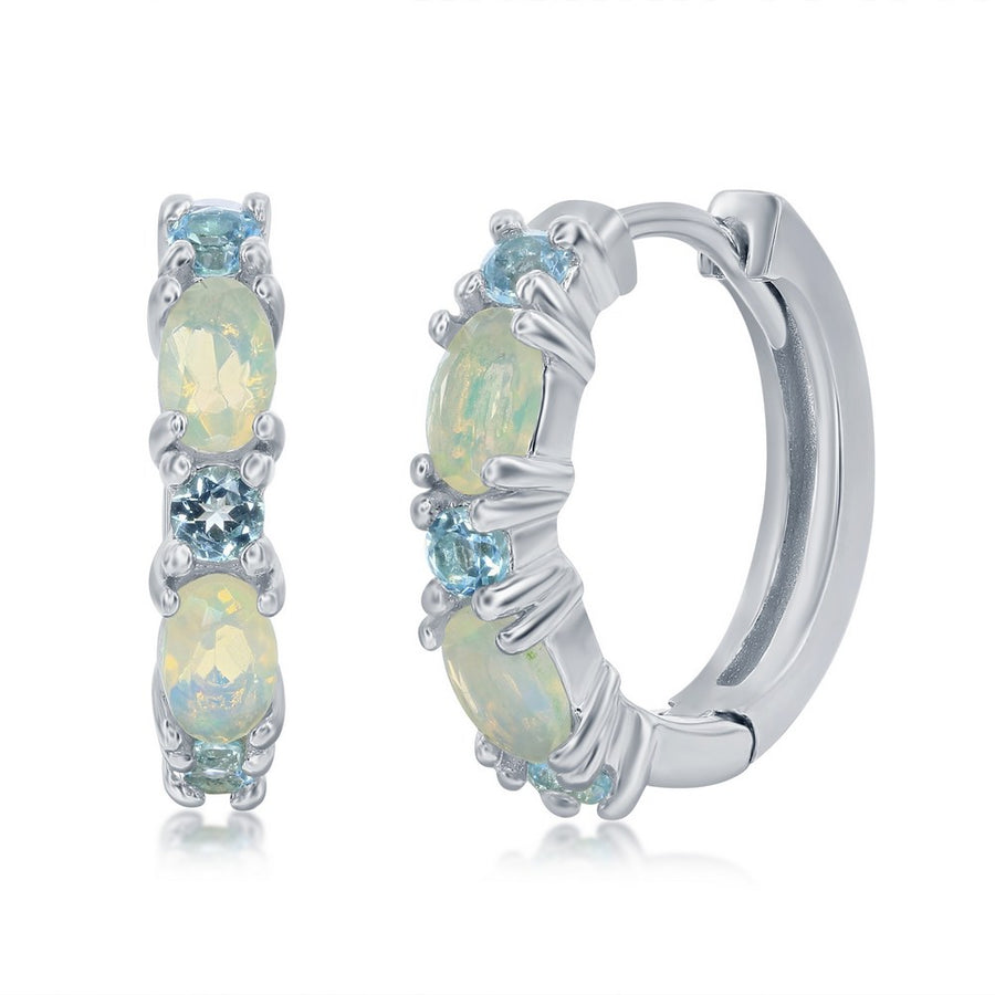 Sterling Silver White Opal & London Blue Topaz 18mm Hoop Earrings