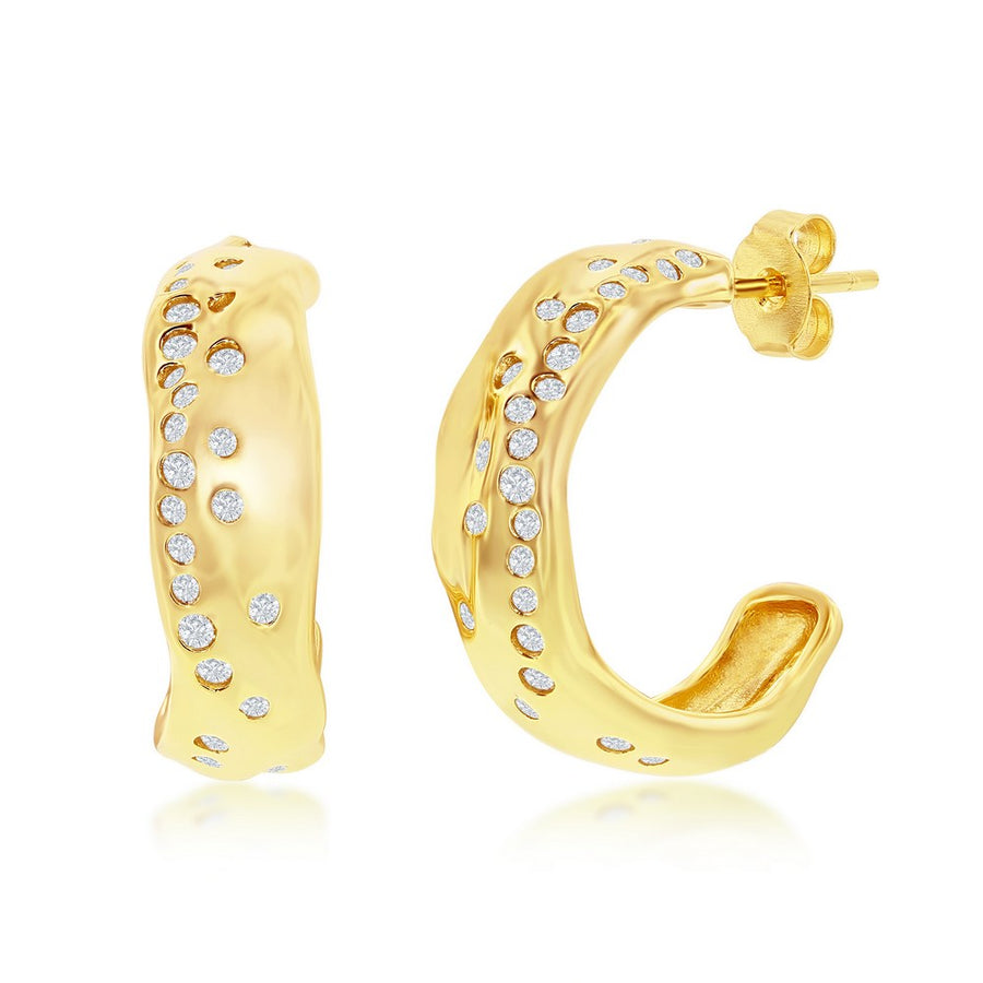 Sterling Silver Scattered CZ 20mm Hoop Earrings - Gold Plated