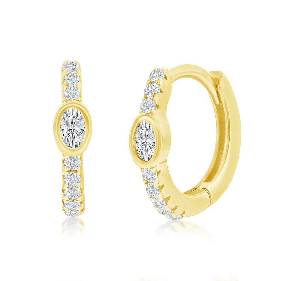 Sterling Silver 11MM Center Oval CZ Huggie Hoop Earrings - Gold Plated