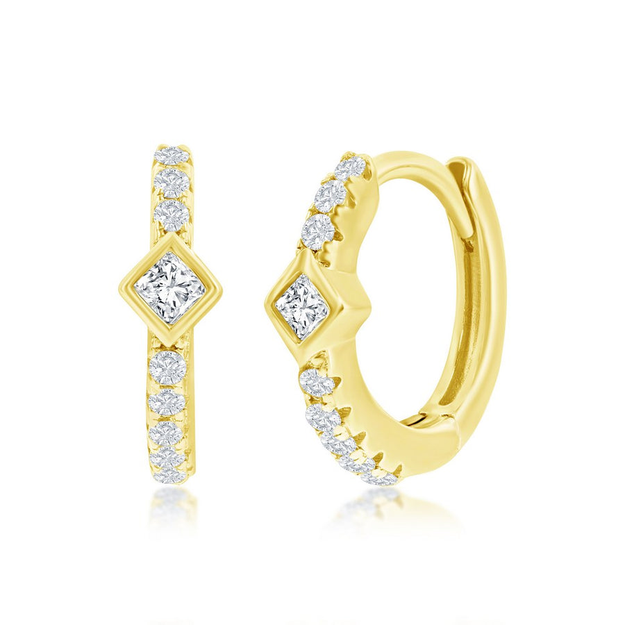 Sterling Silver 11MM Center Diamond-Shape CZ Huggie Hoop Earrings - Gold Plated