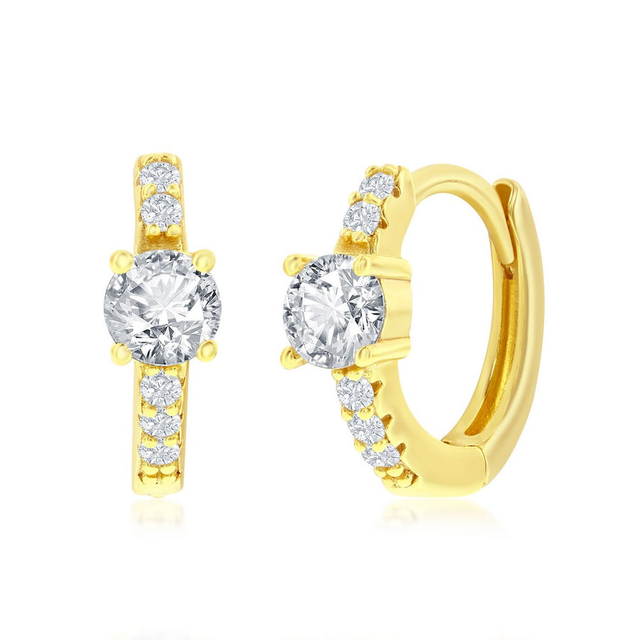 Sterling Silver 11MM Center Round CZ Huggie Hoop Earrings - Gold Plated