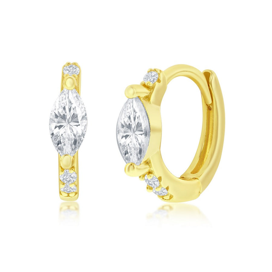 Sterling Silver 11MM Center Marquise CZ Huggie Hoop Earrings - Gold Plated