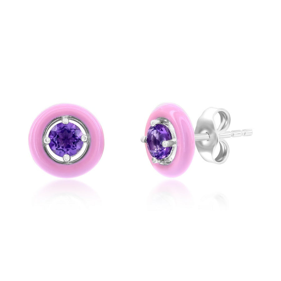 Sterling Silver Enamel & Gemstone Halo Studs  - Amethyst