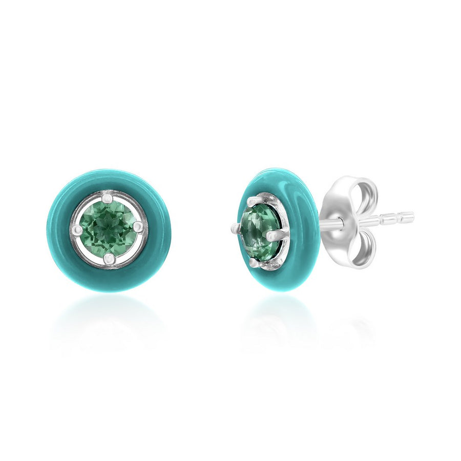 Sterling Silver Enamel & Gemstone Halo Studs  - Green Agate