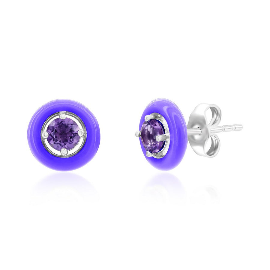 Sterling Silver Enamel & Gemstone Halo Studs  - Light Amethyst