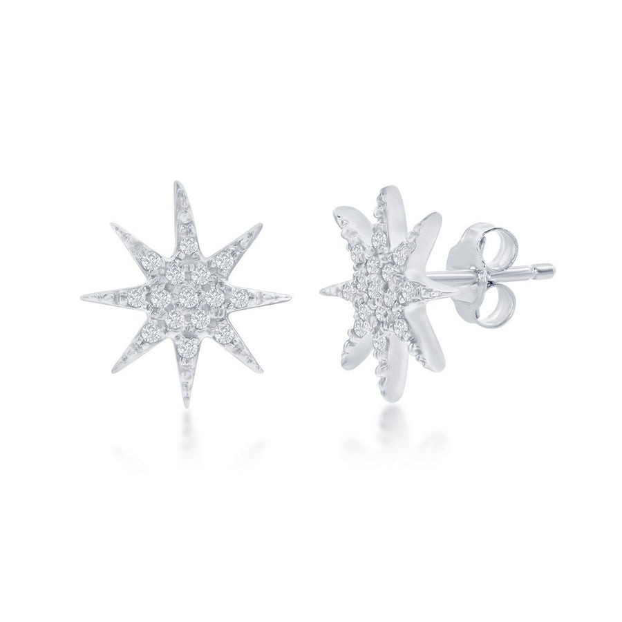 Sterling Silver, North Star Design Diamond Studs - (30 Stones)