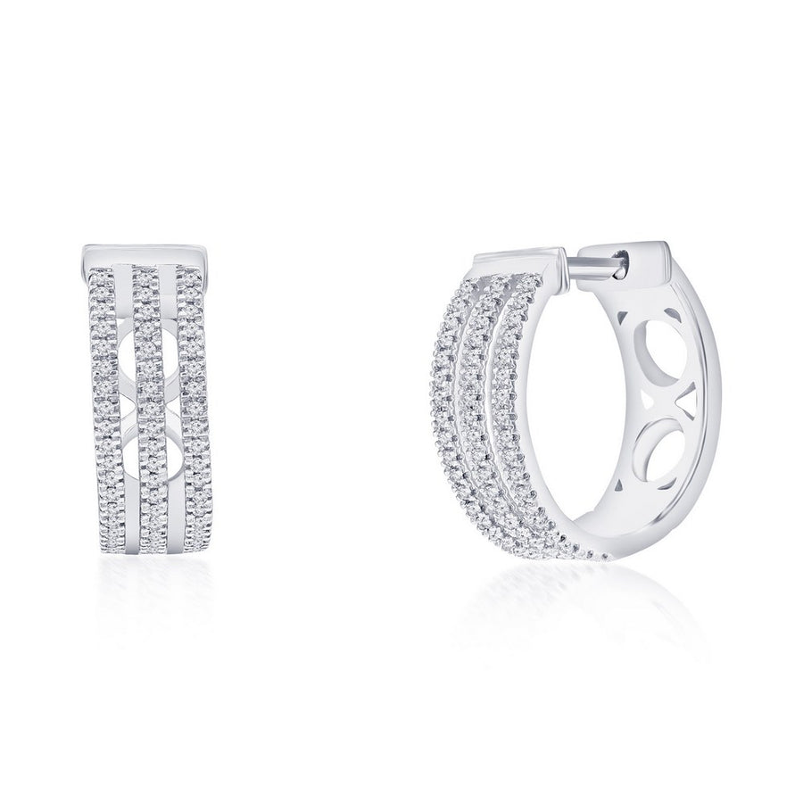 Sterling Silver, 13mm Triple Row Diamond Hoop Earrings - (108 Stones)