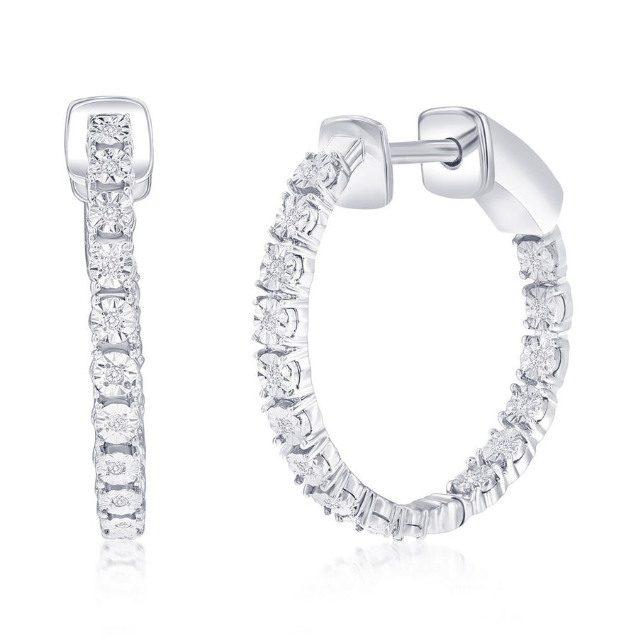 Sterling Silver, 20mm Inside-Outside Diamond Hoop Earrings - (32 Stones)