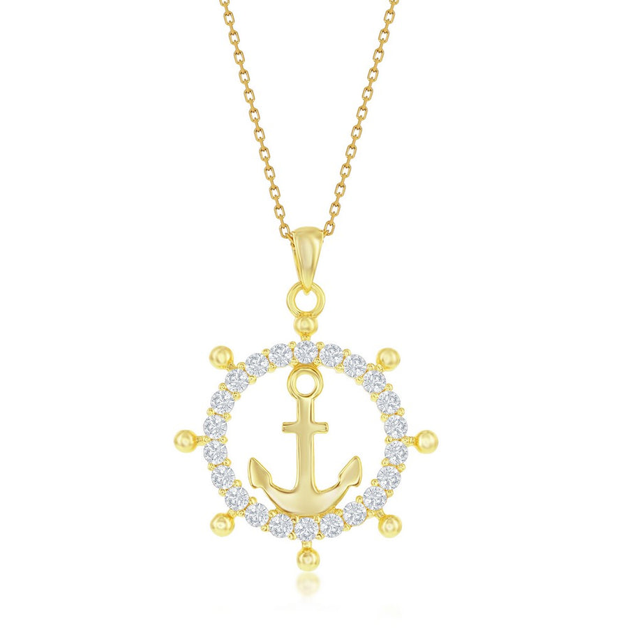 Sterling Silver CZ Anchor Ship Wheel Pendant - Gold Plated