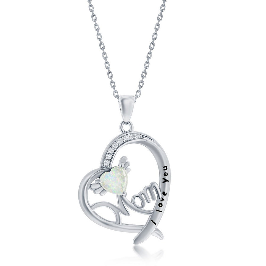 Sterling Silver 'I Love You, Mom' Angel Wing, CZ Heart Pendant - White Opal