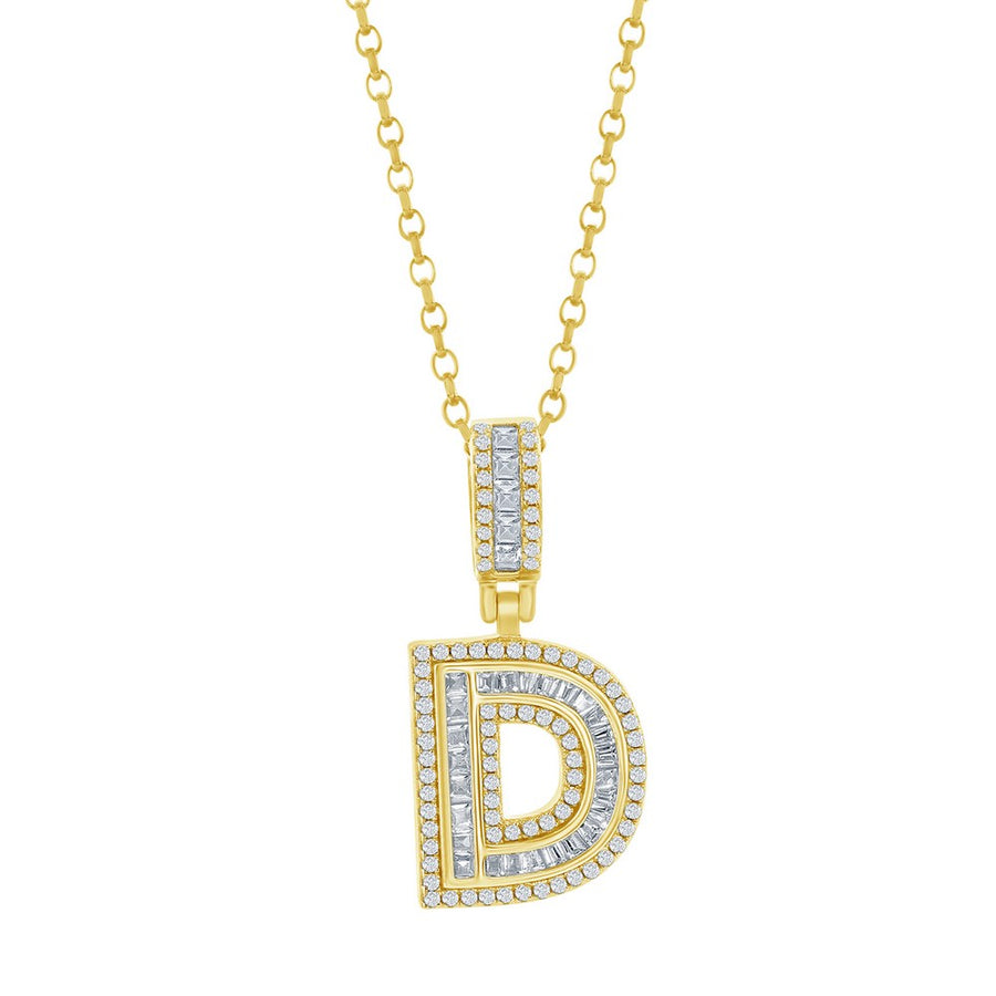 Sterling Silver 'D' Baguette CZ Initial Pendant w/Chain - Gold Plated