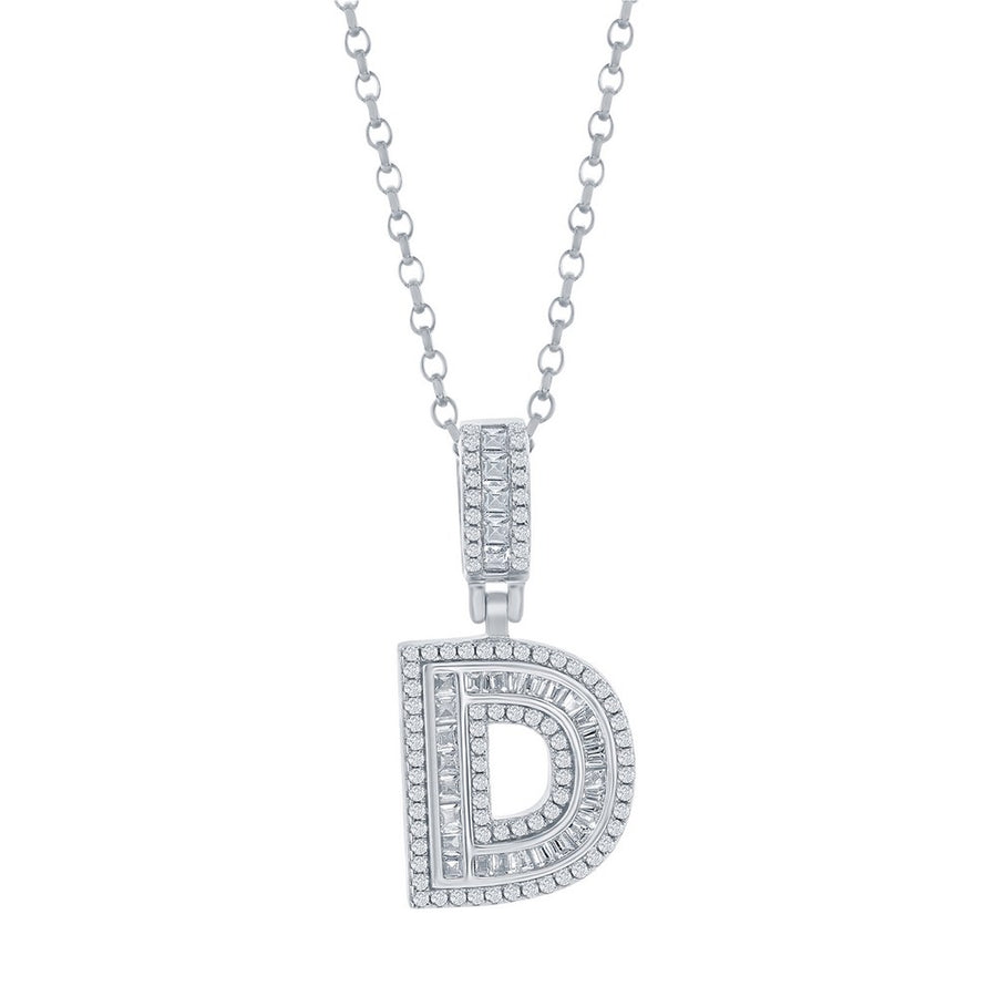 Sterling Silver 'D' Baguette CZ Initial Pendant w/Chain