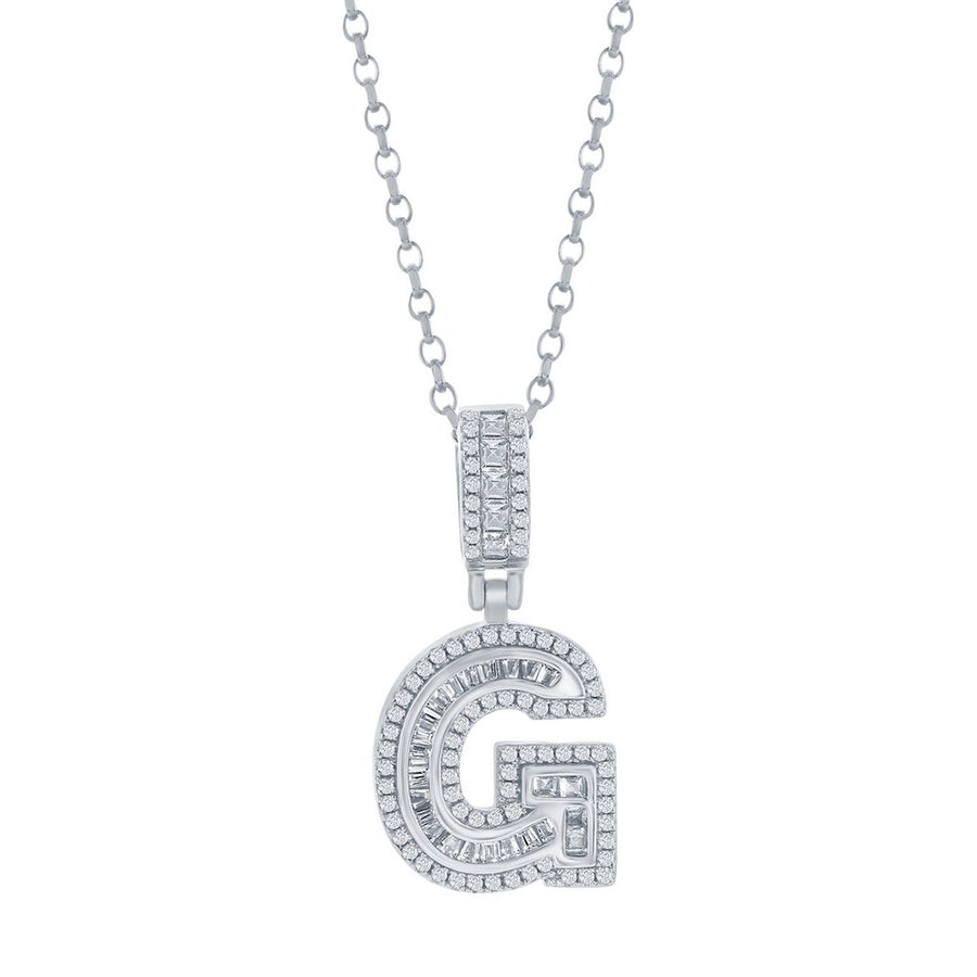 Sterling Silver 'G' Baguette CZ Initial Pendant w/Chain