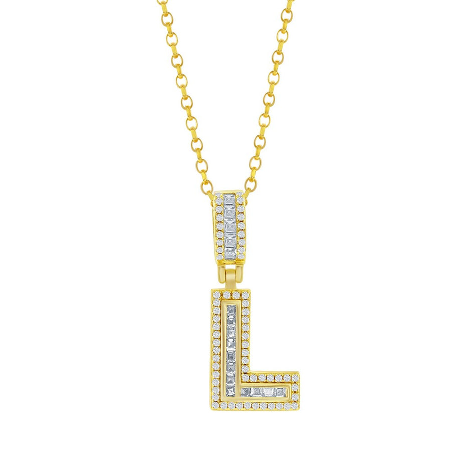 Sterling Silver 'L' Baguette CZ Initial Pendant w/Chain - Gold Plated