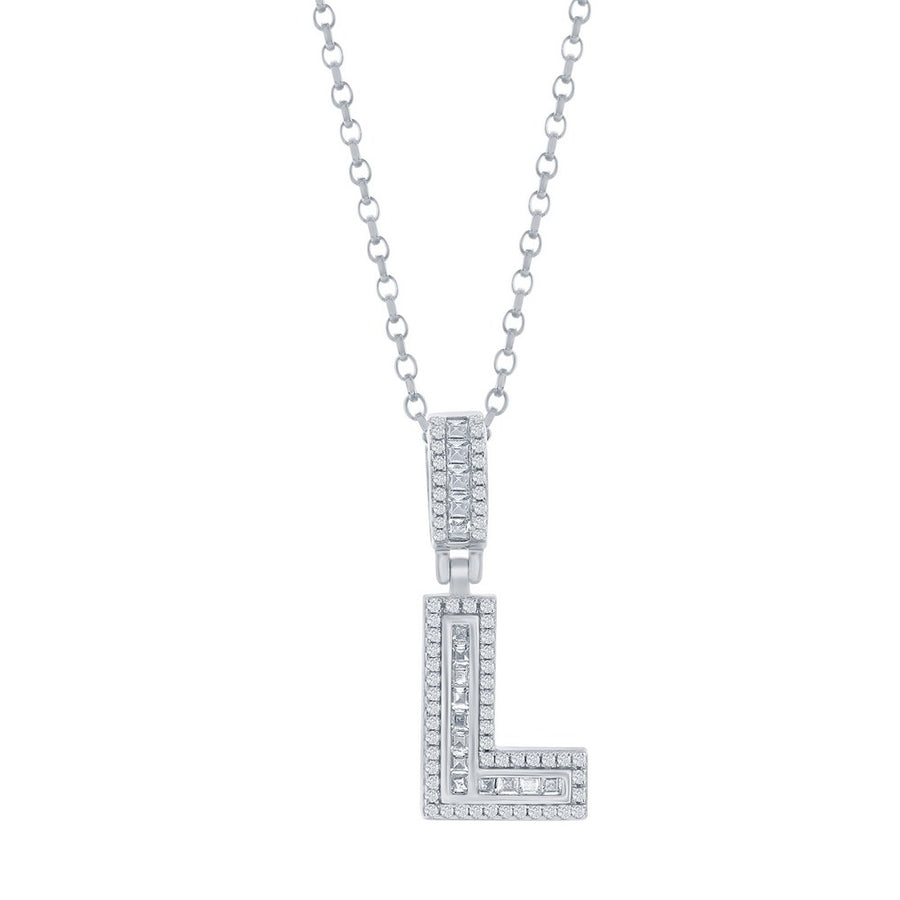 Sterling Silver 'L' Baguette CZ Initial Pendant w/Chain