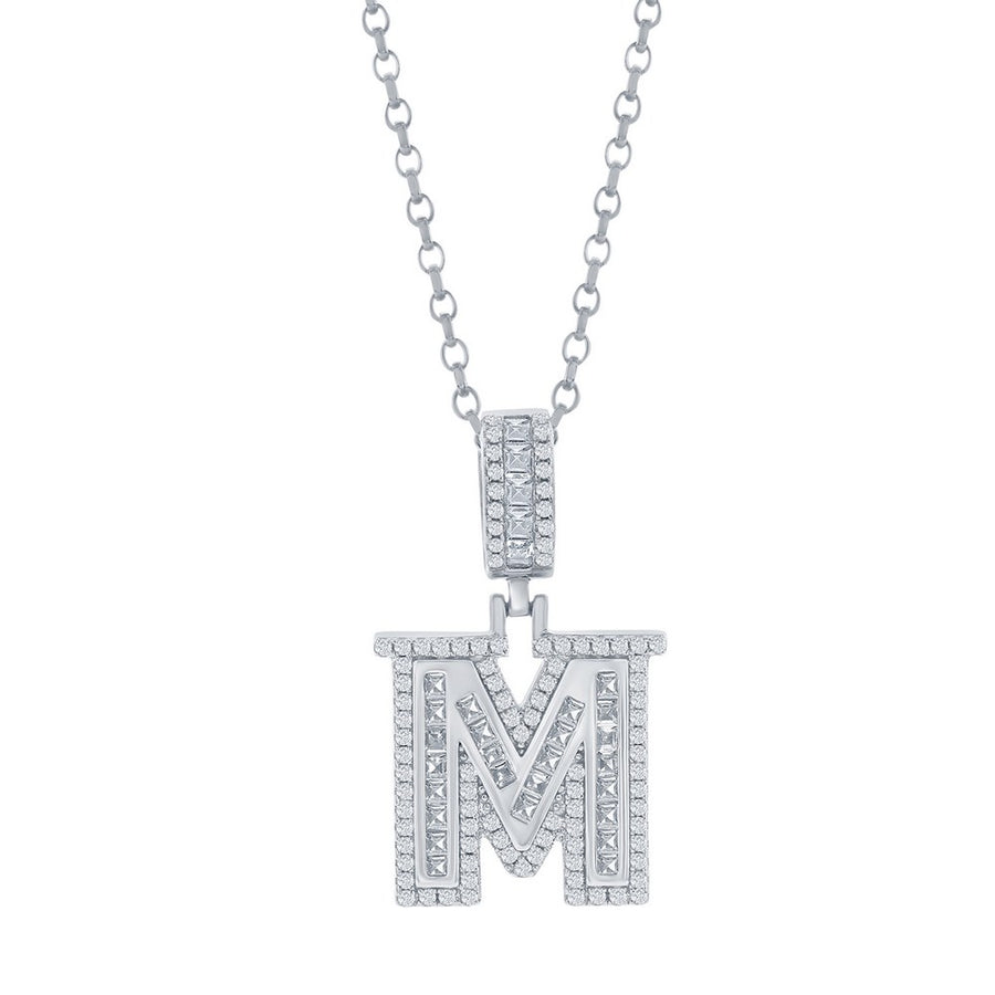 Sterling Silver 'M' Baguette CZ Initial Pendant w/Chain